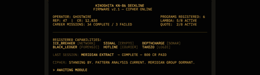KN-86 boot screen — amber text on black showing firmware status and CIPHER prompt