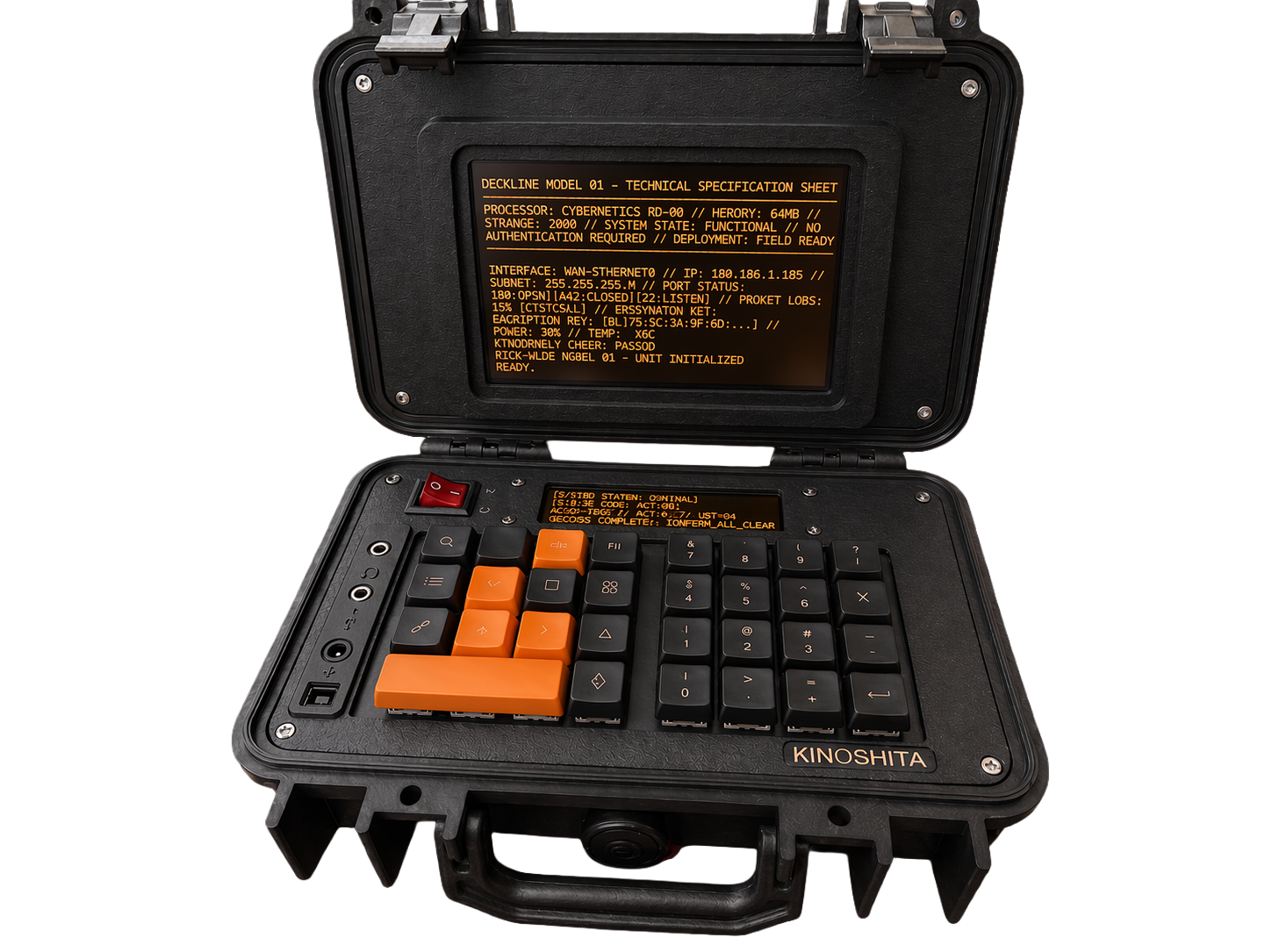 The KN-86 Deckline open in its Pelican case, amber main display showing a technical specification sheet, with the CIPHER-LINE OLED strip glowing above the 30-key mechanical keyboard.