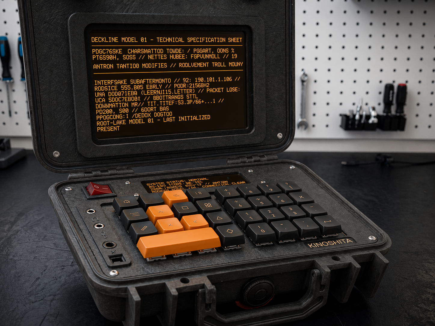 The KN-86 Deckline on a workbench: the CIPHER-LINE OLED strip glows amber above the keyboard, showing status and scrollback rows. The main amber display above shows a technical specification sheet.