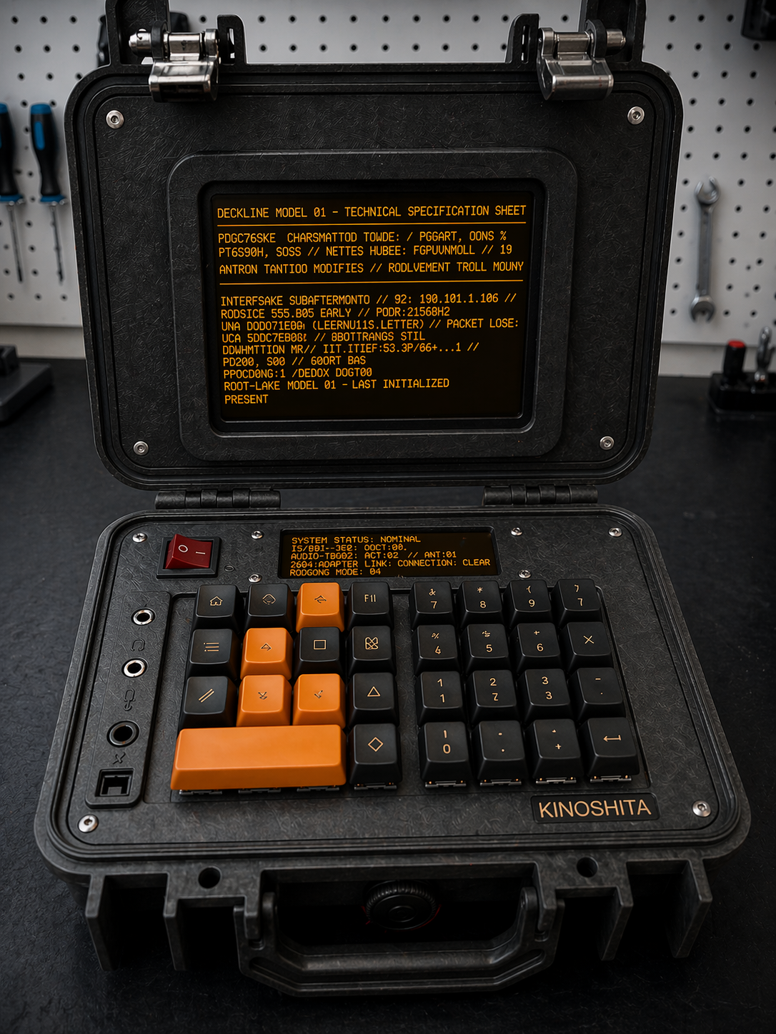 KN-86 Deckline open on a workbench, shot from above in portrait orientation. Amber main display above, CIPHER-LINE OLED strip mid-plate, orange and black keycaps below.